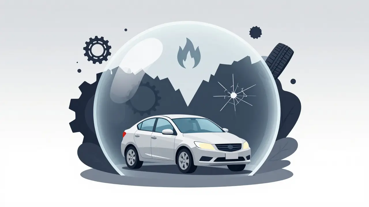 Abstract illustration showing car protected from specific risks and exclusions