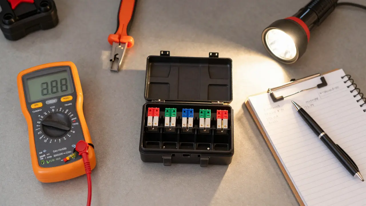 Automotive diagnostic tools and fuse box on a workbench