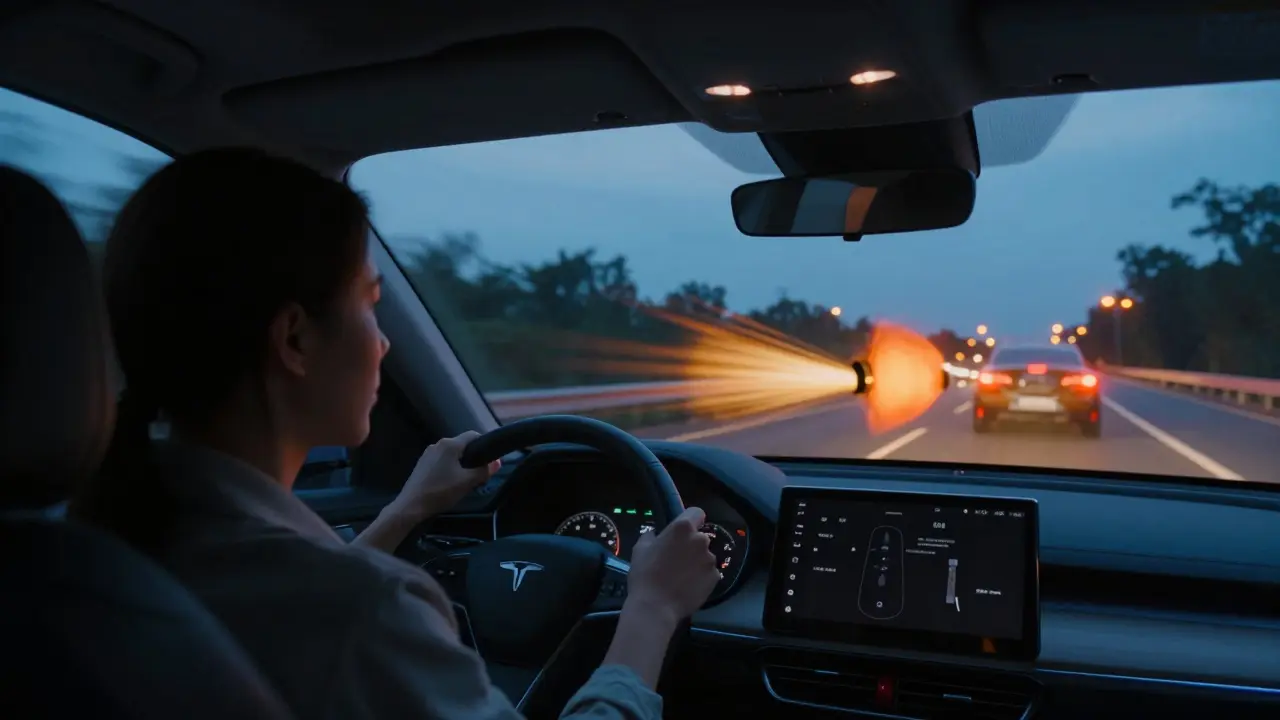Car interior view showing quiet ride vs loud neighbor car on highway