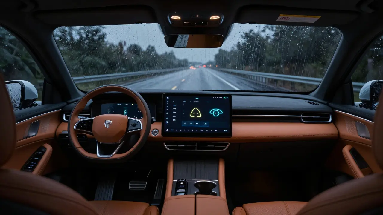 Car interior view with ADAS indicators on rainy night drive