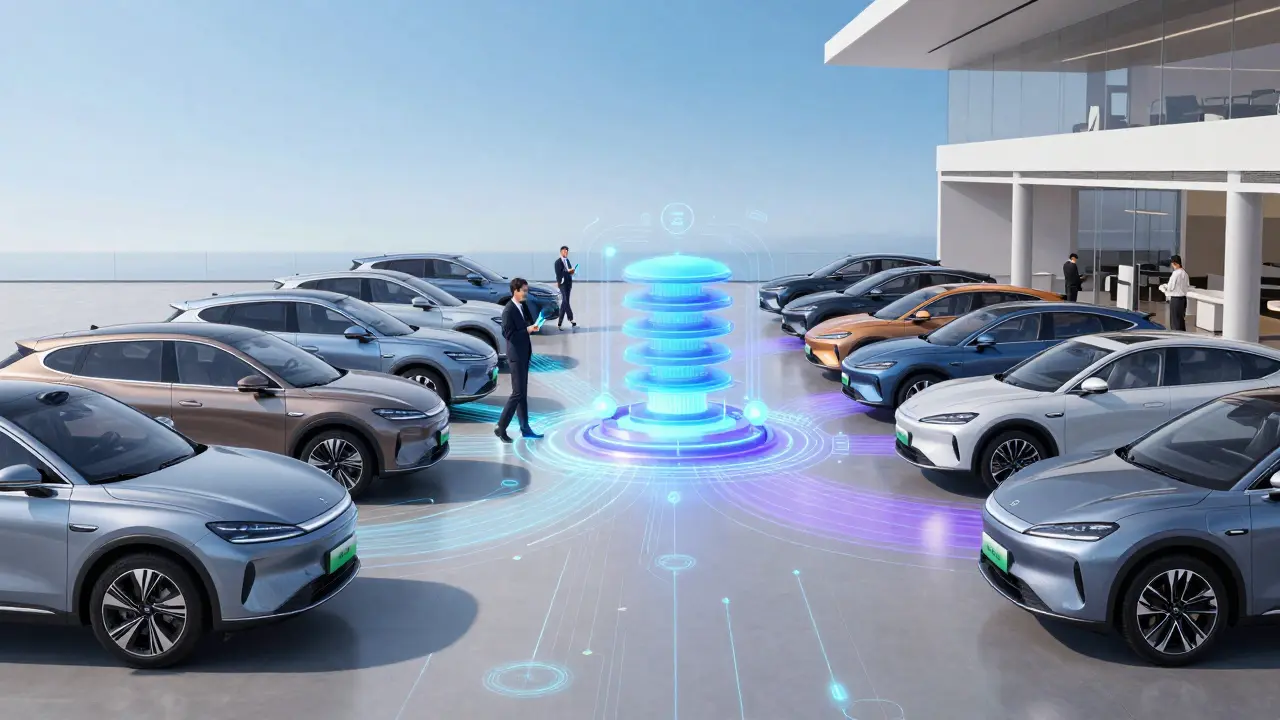 Car lot with digital data overlays showing real-time inventory synchronization