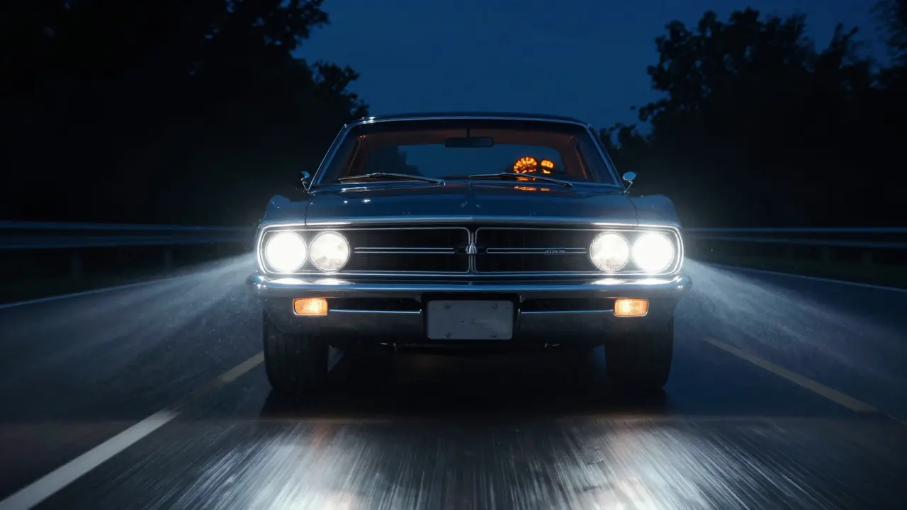 Classic car driving at night with bright upgraded headlights and glowing dashboard