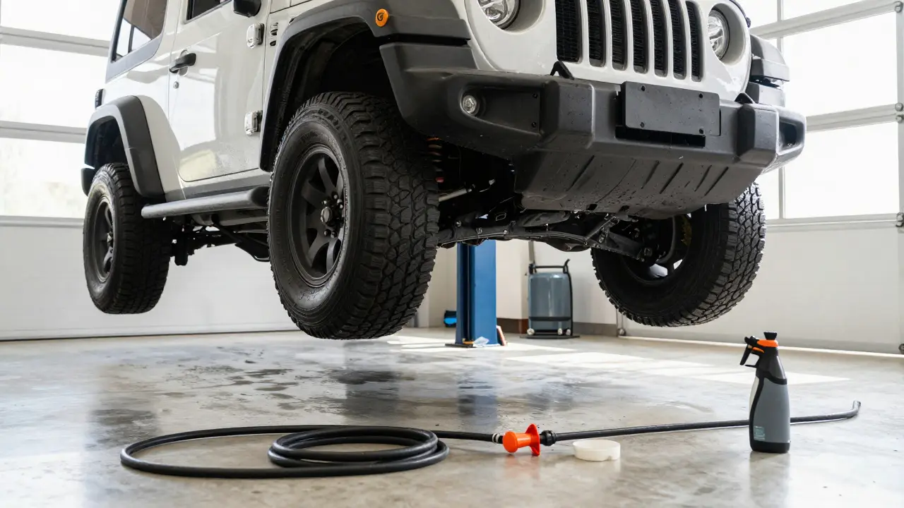 Clean off-road vehicle on lift in garage during maintenance