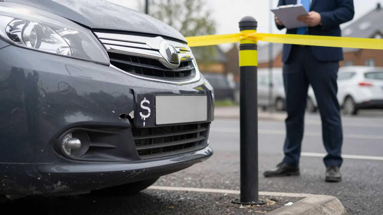 Close-up of dented car bumper at accident scene with insurance adjuster