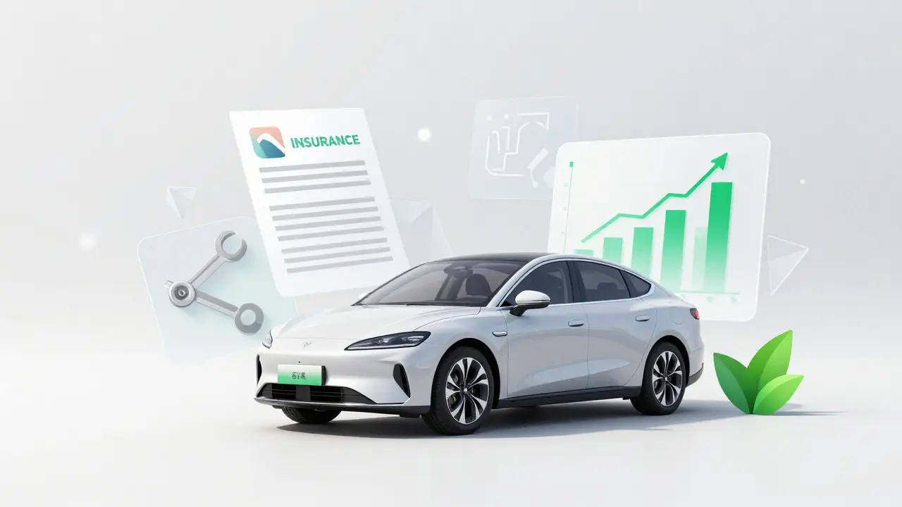 Concept art of car with floating icons for costs and savings
