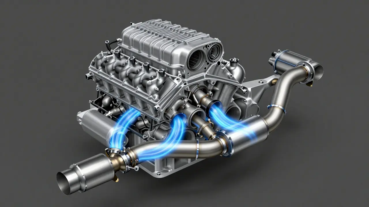 Cutaway diagram showing airflow through an H-pipe exhaust system in an engine