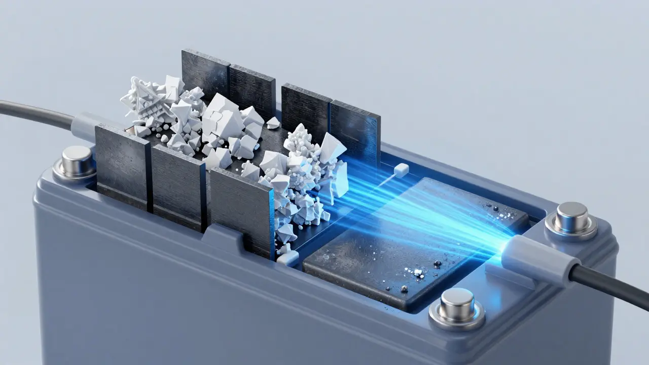 Cutaway view showing sulfate crystals on battery plates vs clean plates