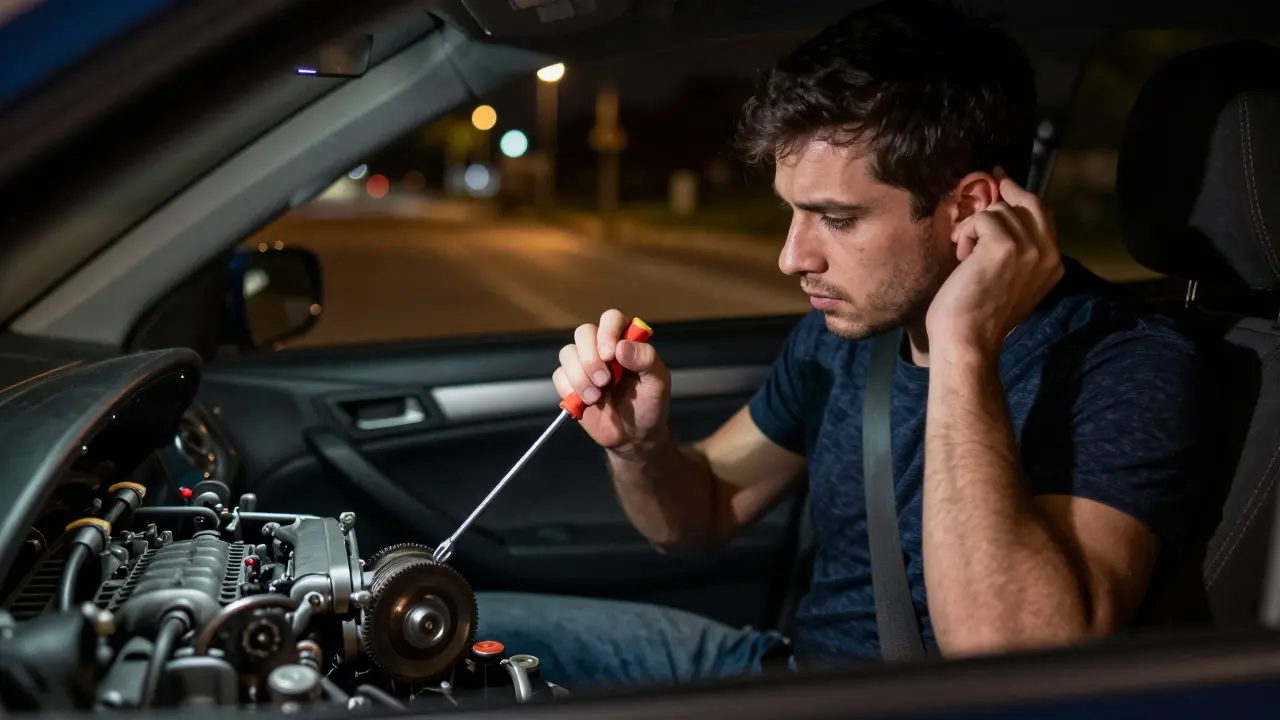 Driver using screwdriver to listen to engine noise
