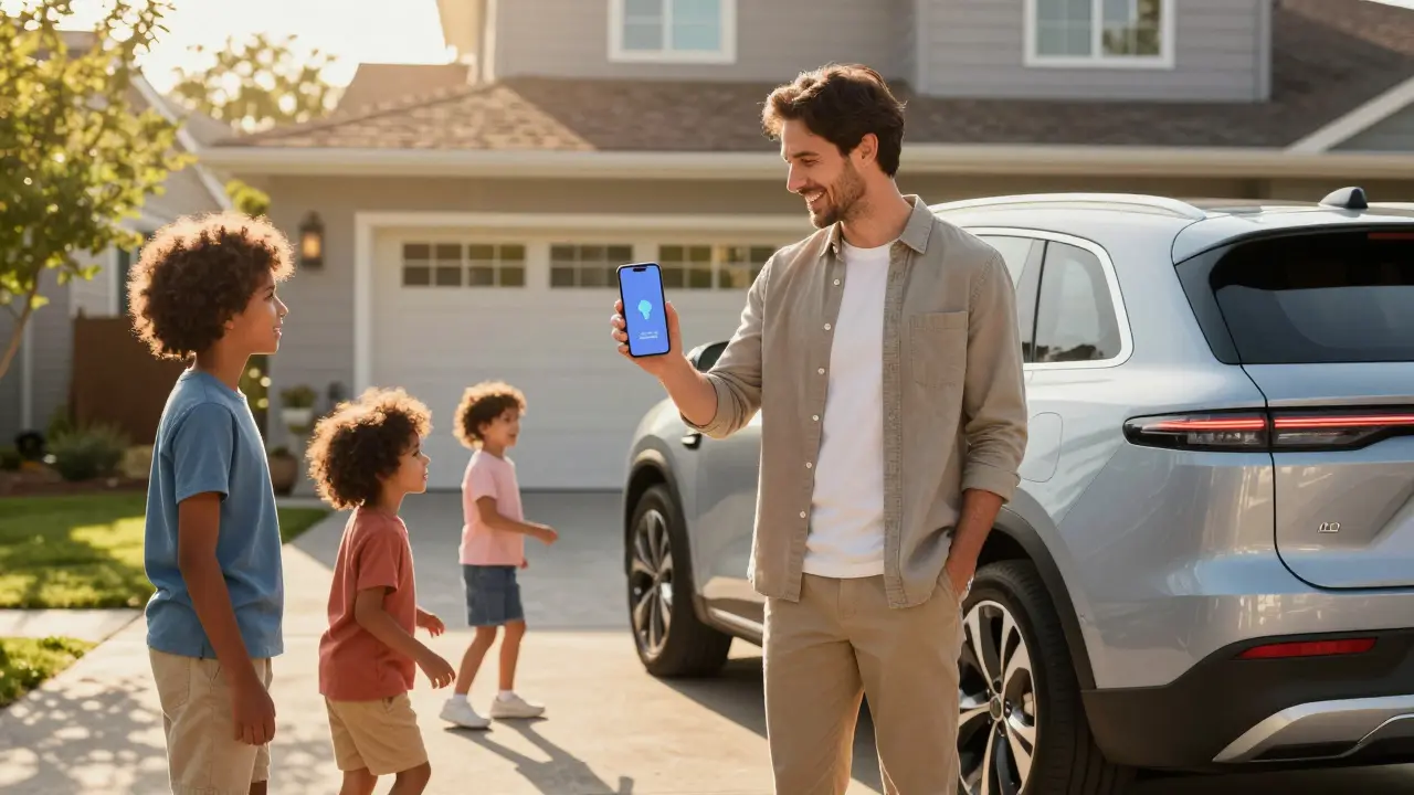 Family enjoying convenient car ownership with smartphone notifications