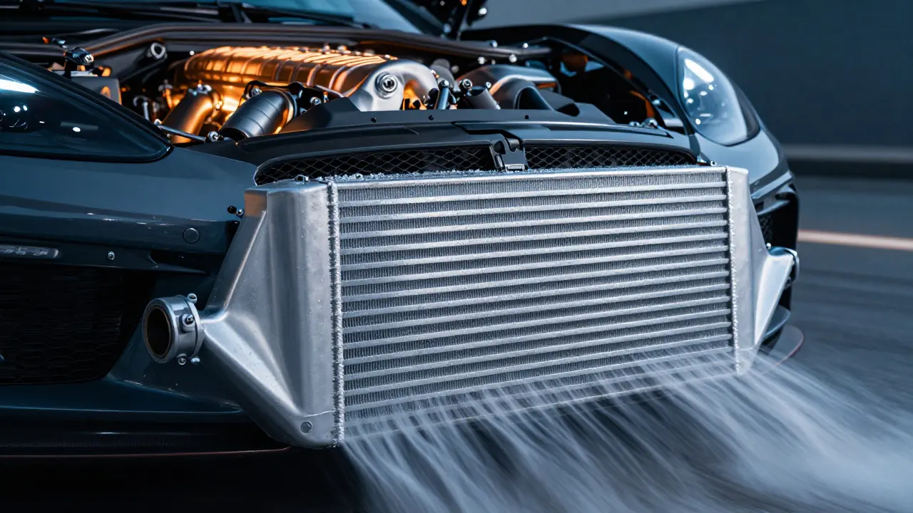 Front-mounted intercooler cooling compressed air with visible airflow lines on a sports car.