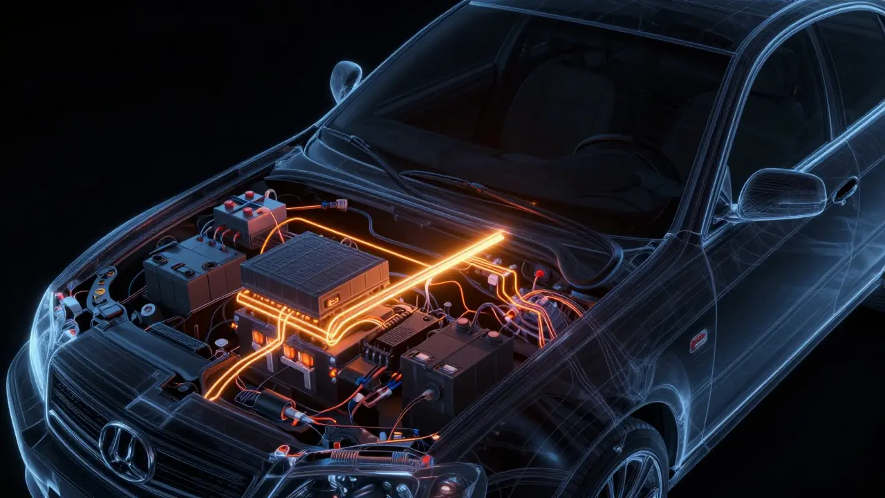 Glowing wireframe showing electrical current leak in car system