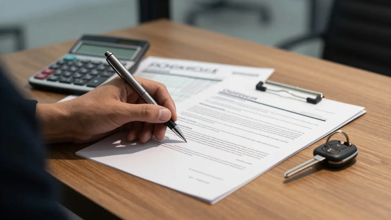 Hand signing auto loan contract with calculator and keys on desk