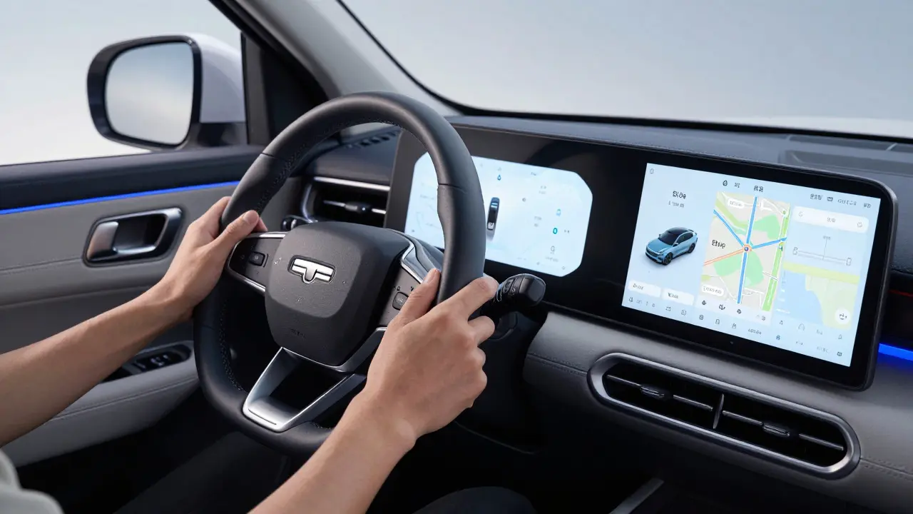 High-tech truck interior with digital dashboard and biometric steering wheel