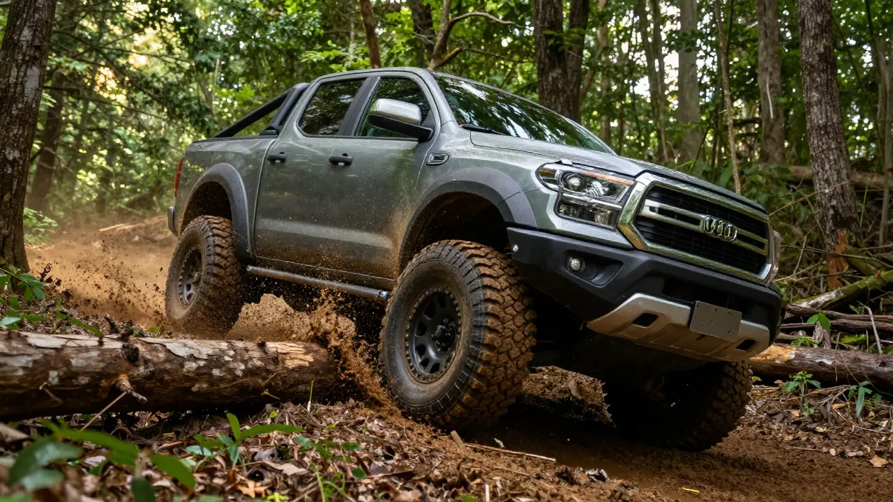Hybrid pickup truck driving off-road through mud and forest terrain