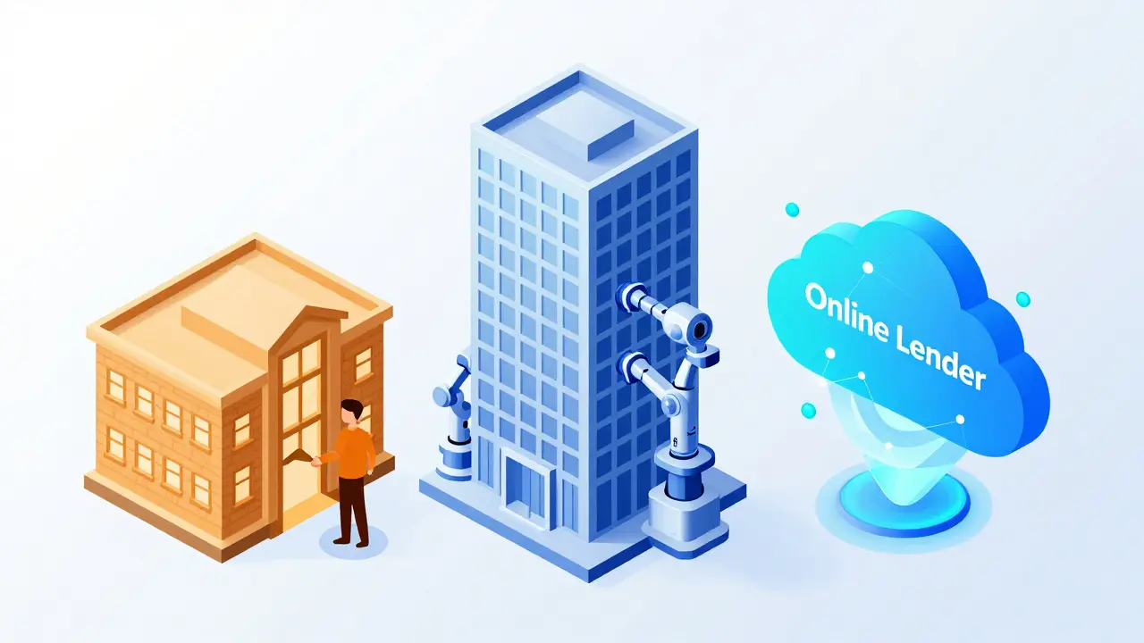 Illustration comparing credit unions, banks, and online lenders
