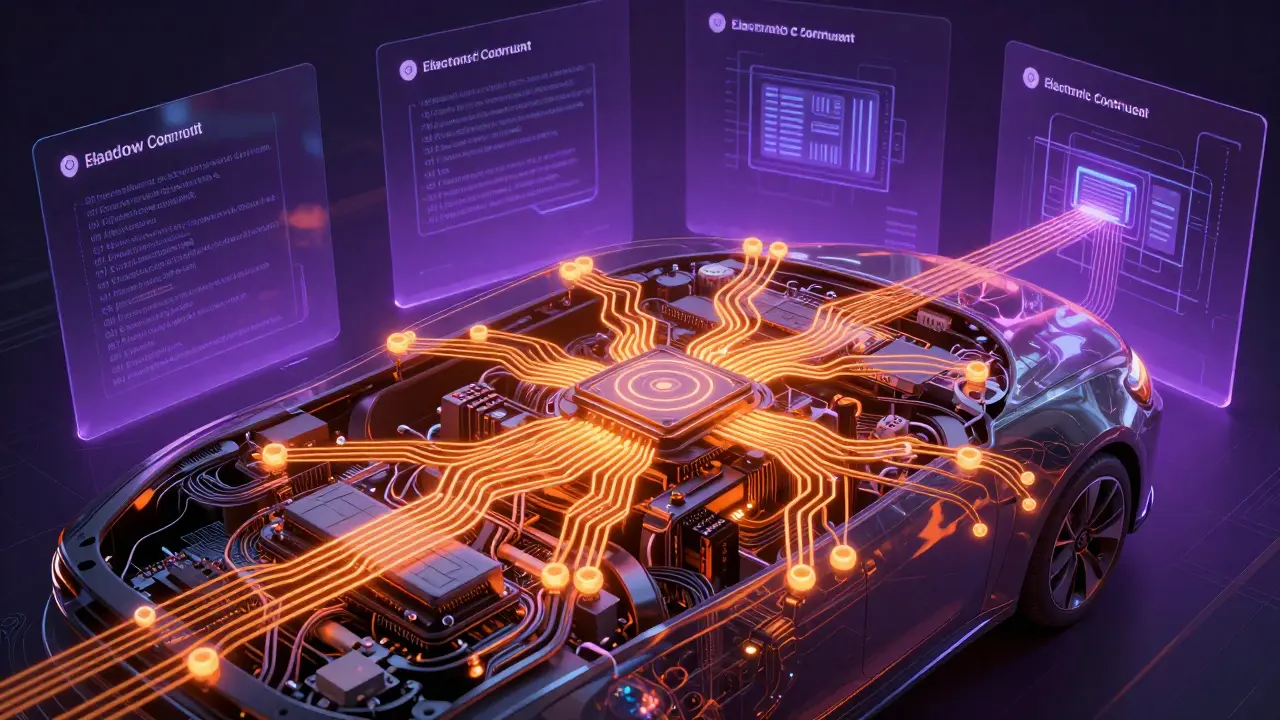 Internal view of connected ECUs and secure data networks in a vehicle
