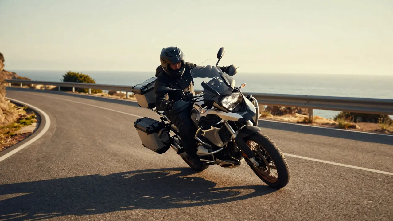 Loaded adventure motorcycle cornering on coastal road with panniers and top box