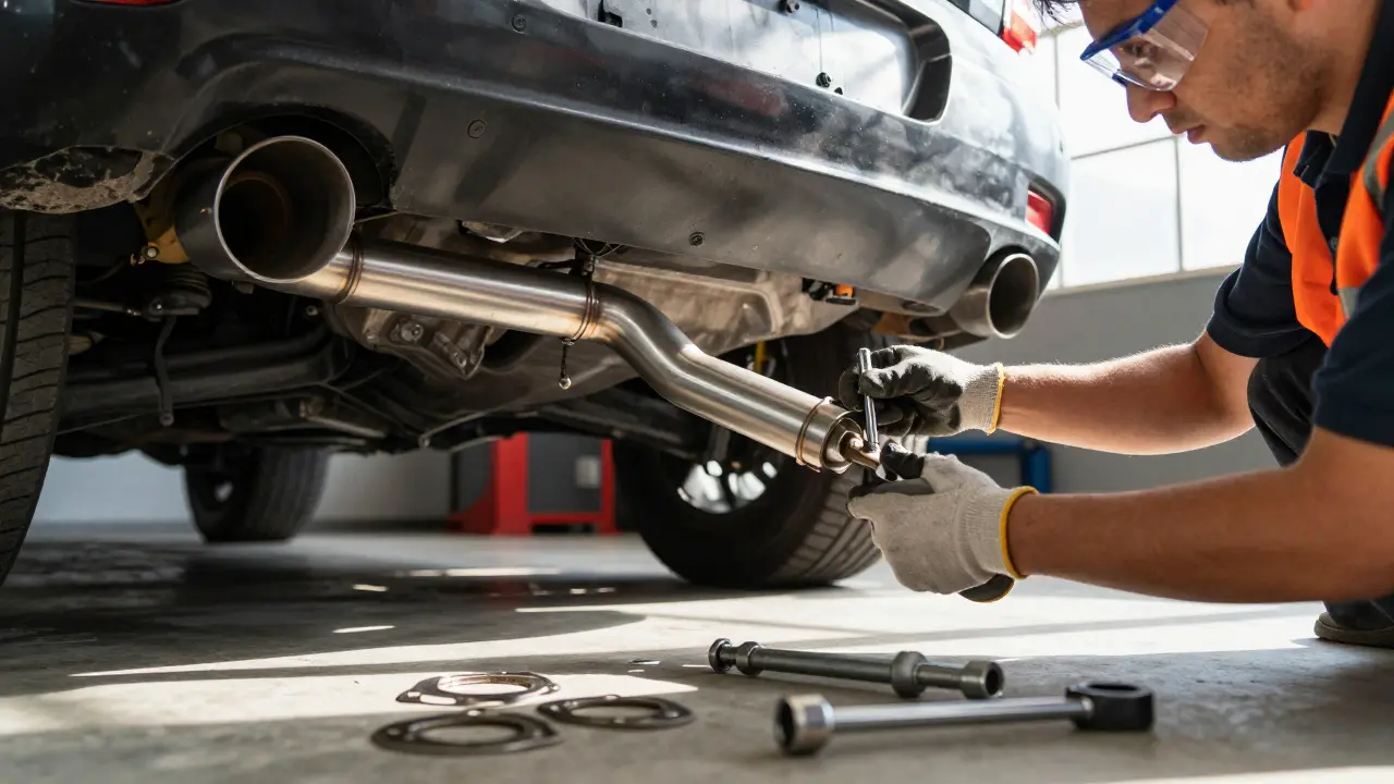 Mechanic tightening bolts on a new stainless steel exhaust pipe in a workshop