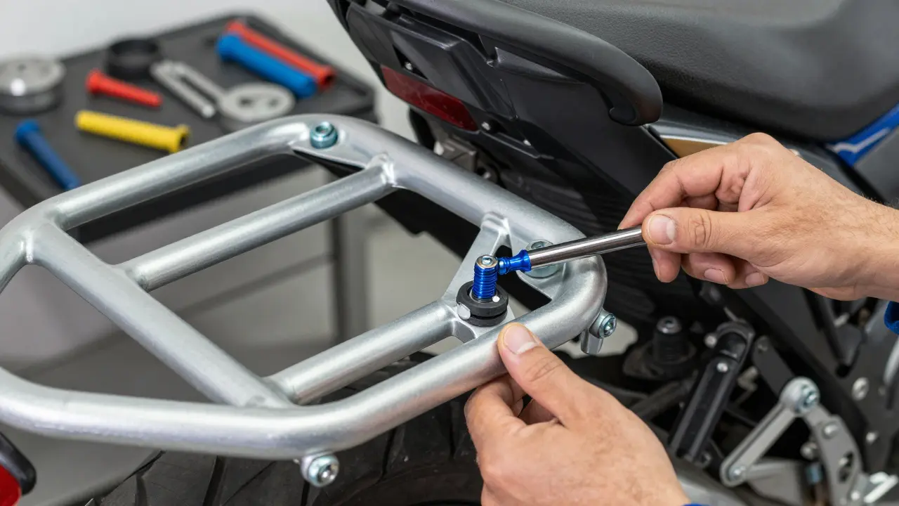 Mechanic tightening luggage rack bolts with torque wrench and thread locker in garage