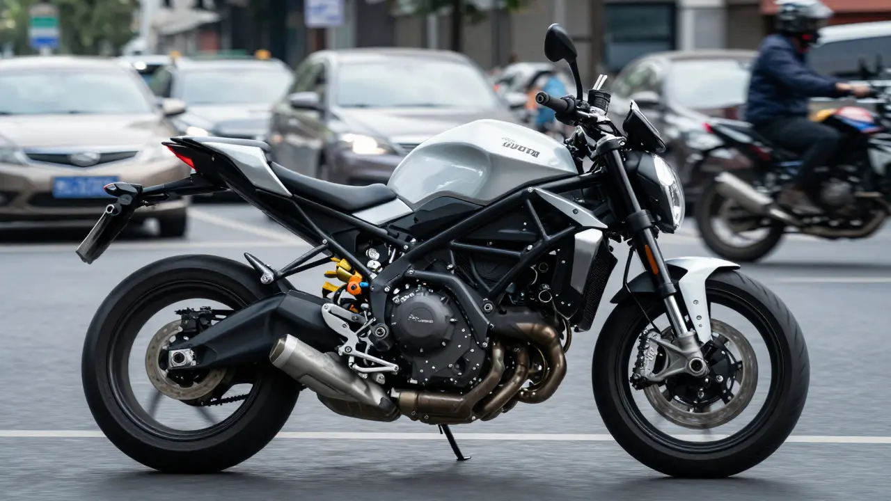 Modern naked motorcycle with exposed engine navigating busy city traffic