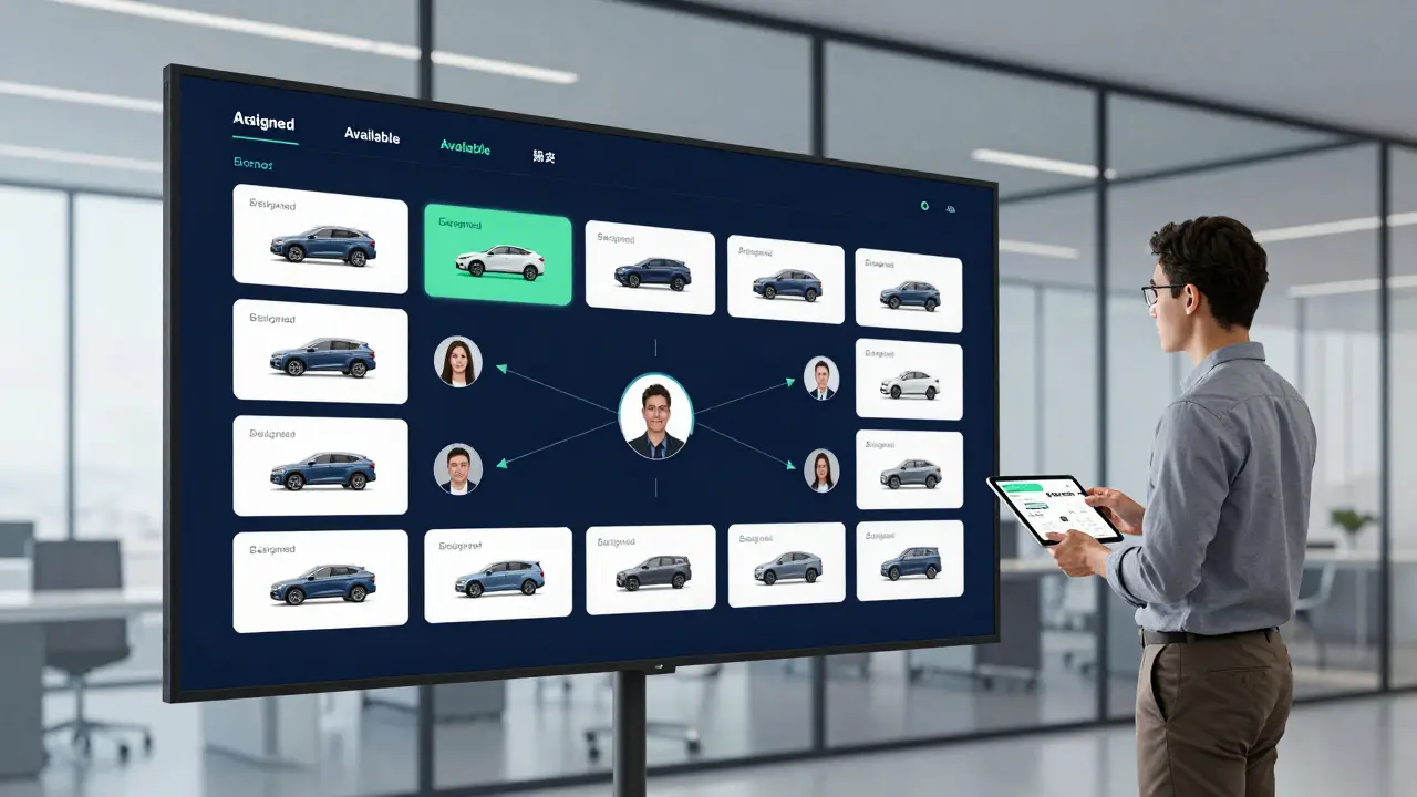 Modern salesperson using tablet with holographic desking software dashboard