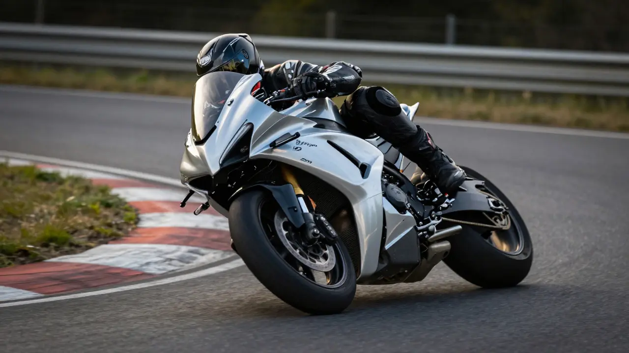 Motorcycle leaning into a curve demonstrating trail braking technique