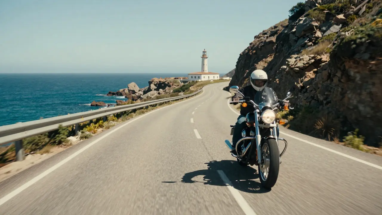Motorcycle riding on winding coastal highway toward lighthouse