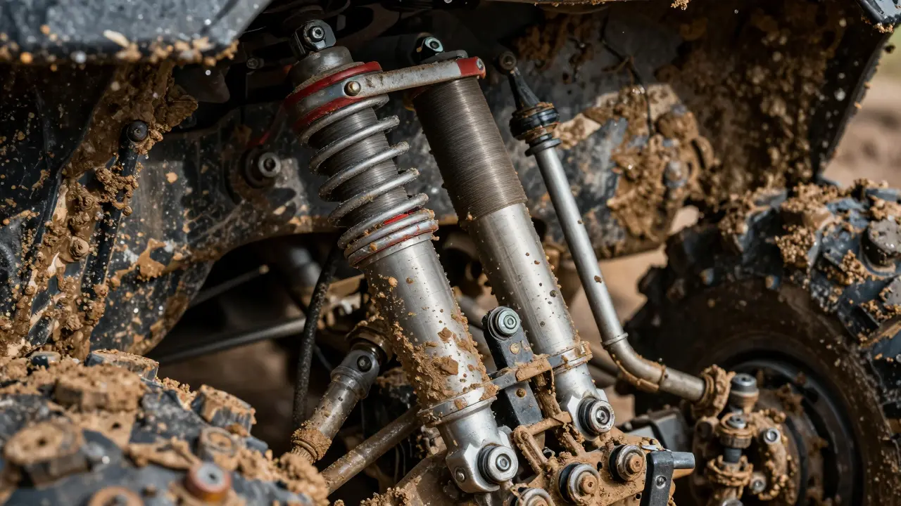 Muddy suspension components showing wear after off-road use