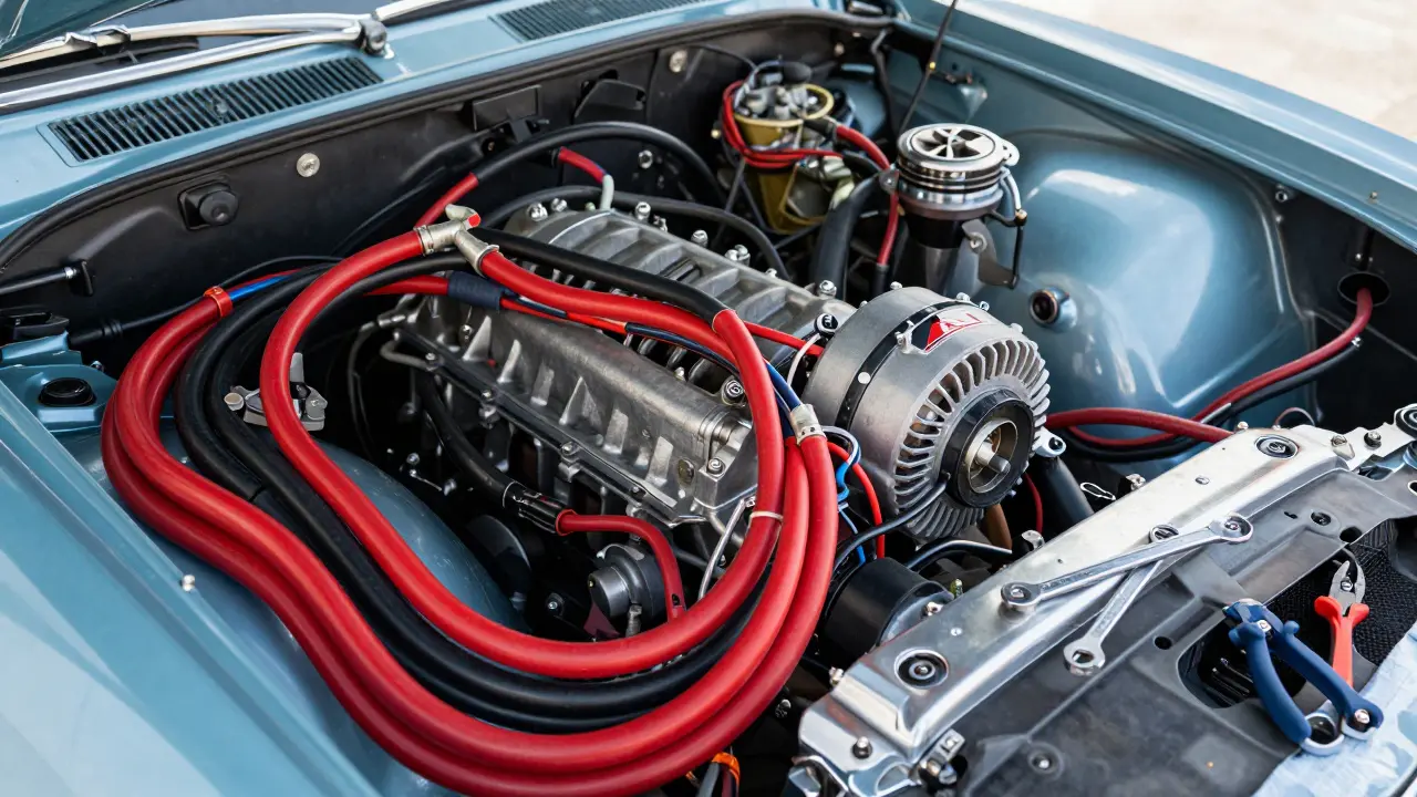 Neatly wired 12-volt harnesses and alternator in a classic car engine compartment