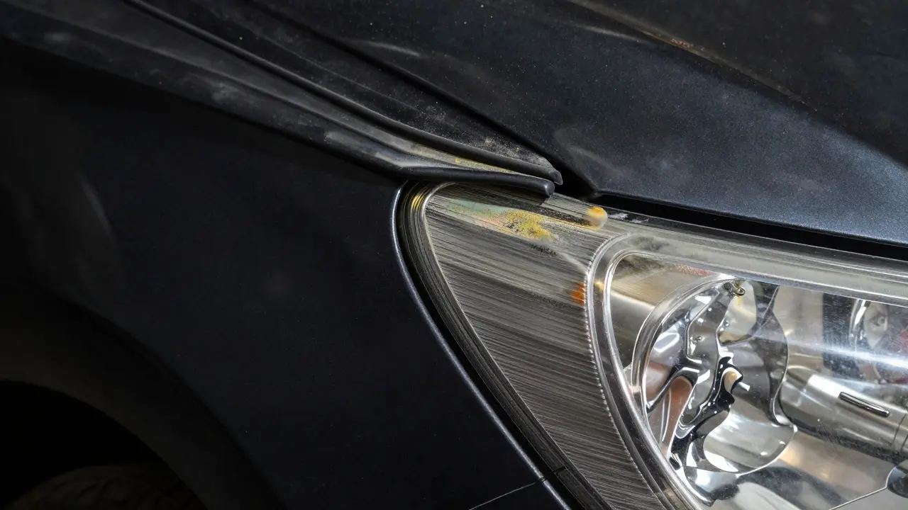 Paint overspray residue on car window seals and inside headlight lens.