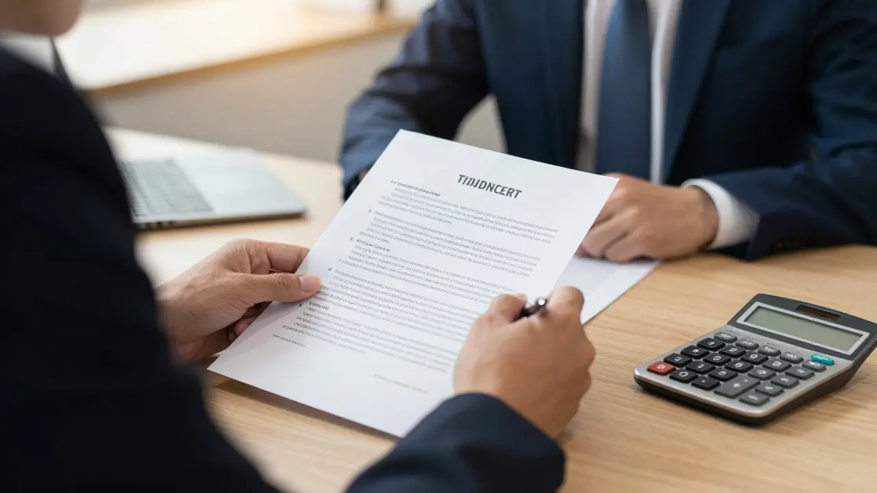 Person reviewing auto loan contract at dealership finance desk