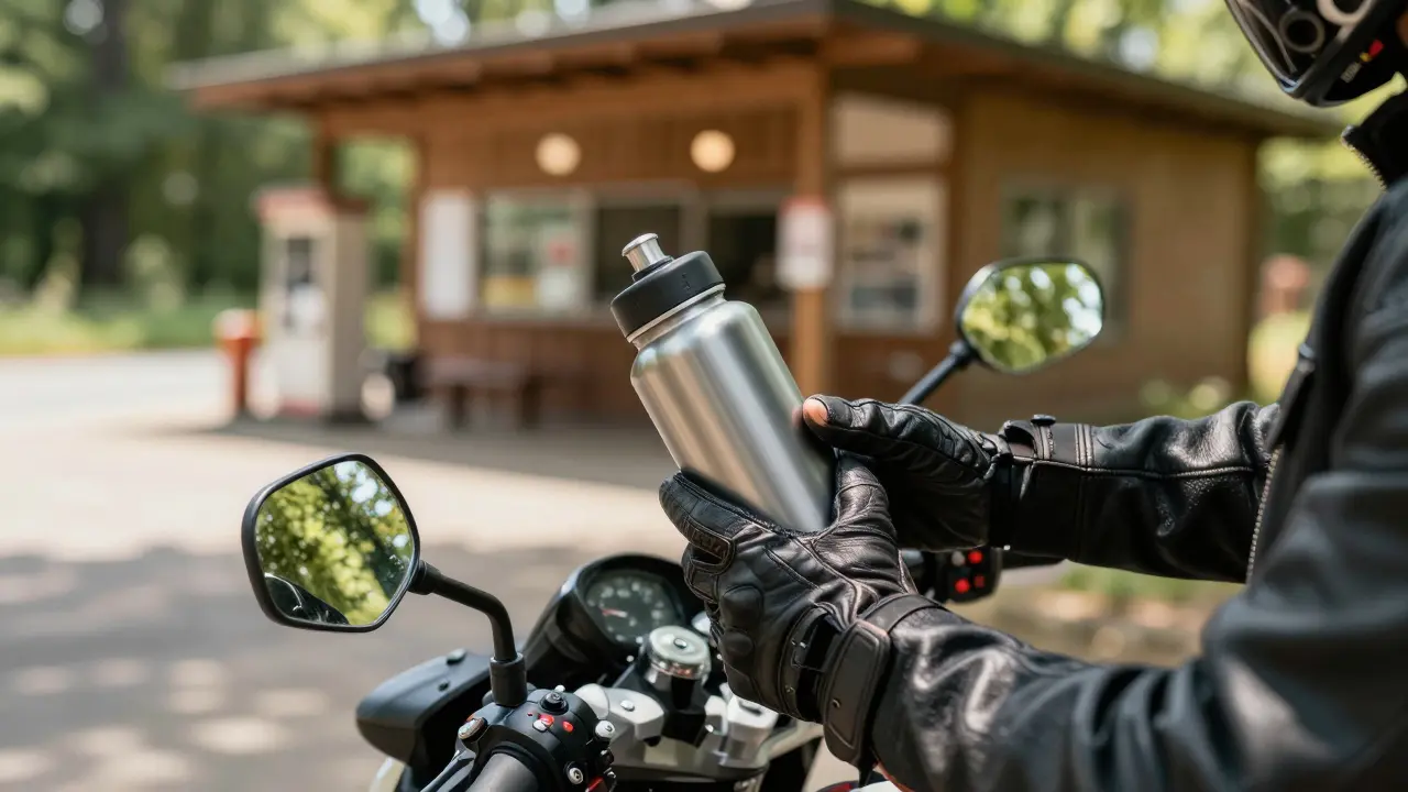 Rider taking a break, drinking water beside parked motorcycle