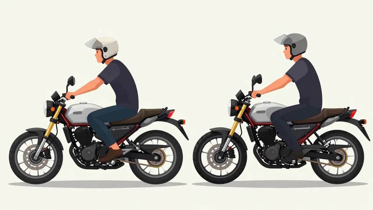 Side-by-side comparison of rider ergonomics on standard vs naked motorcycles