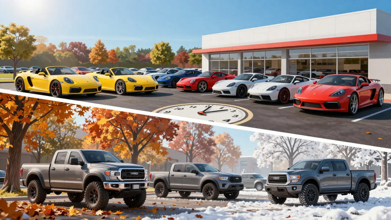 Split view of dealership lot showing summer convertibles and winter trucks