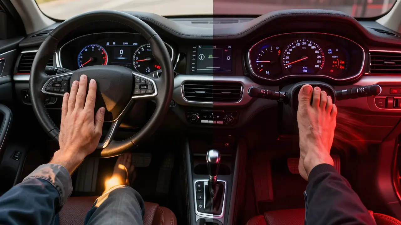 Split view of gentle vs aggressive car acceleration pedals