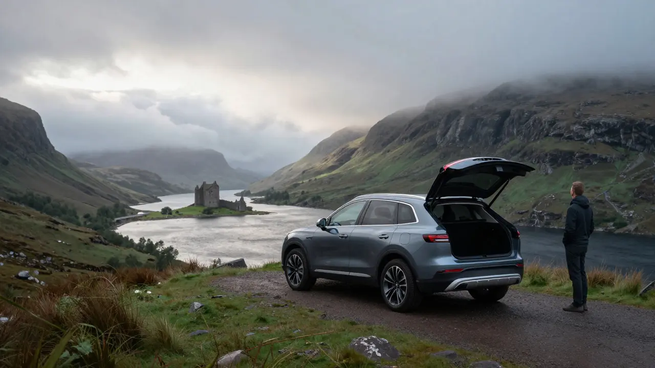 SUV overlooking Scottish Highlands and castle ruins on North Coast 500