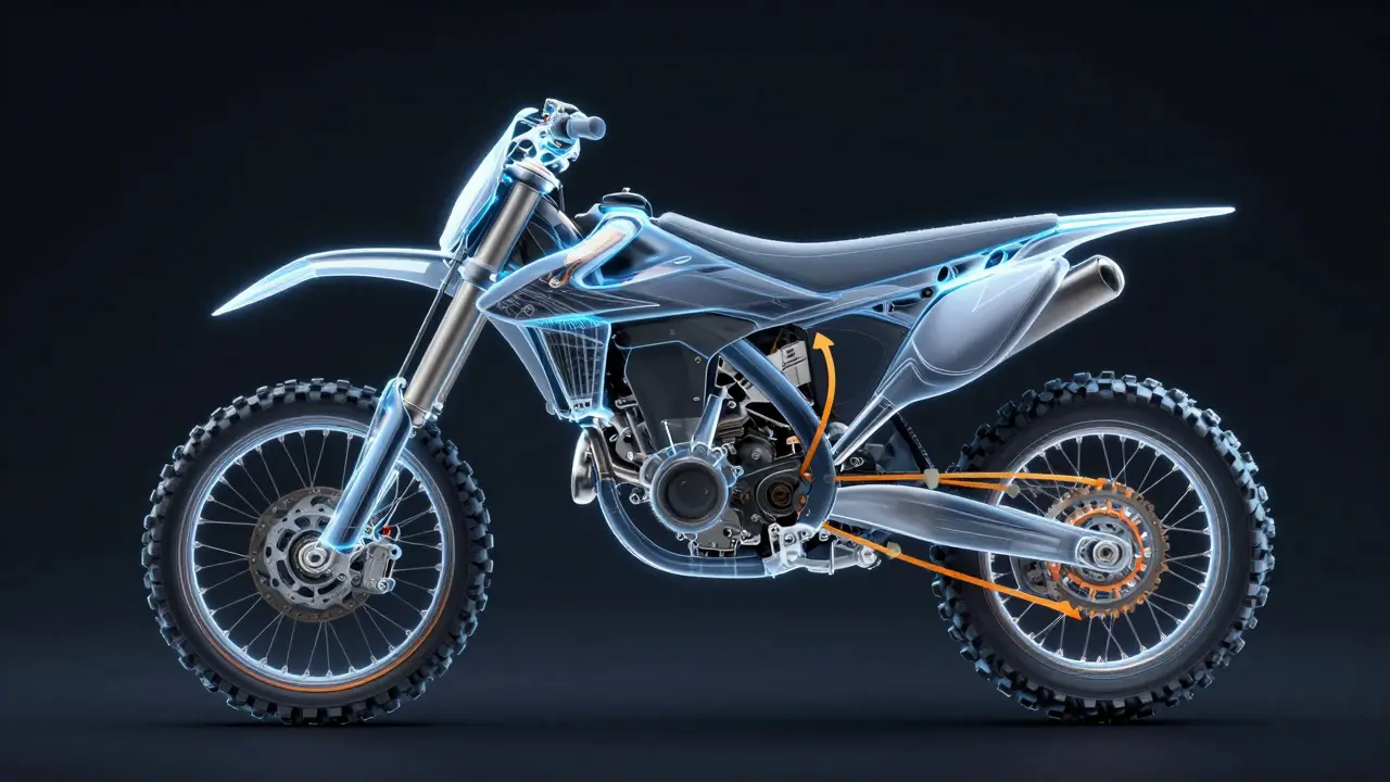 Technical illustration showing motorcycle weight transfer physics