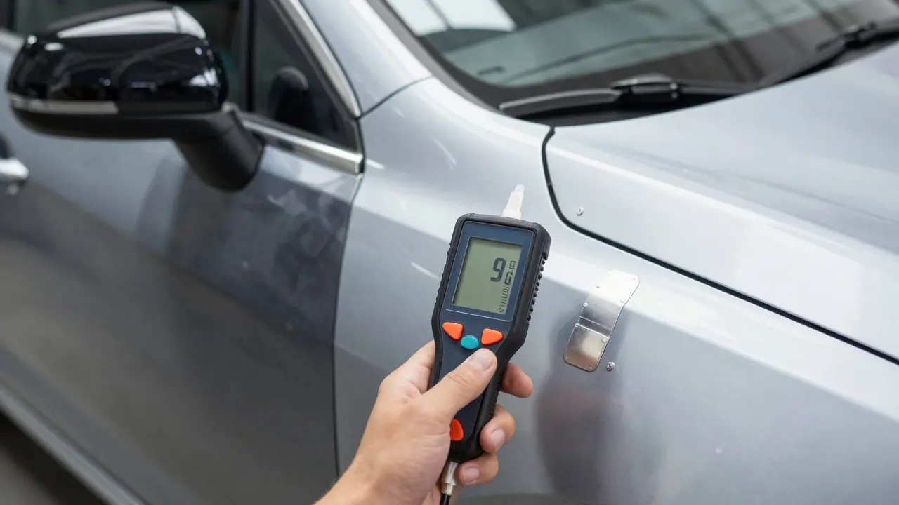 Using paint thickness gauge and magnet to detect poor bodywork repairs.