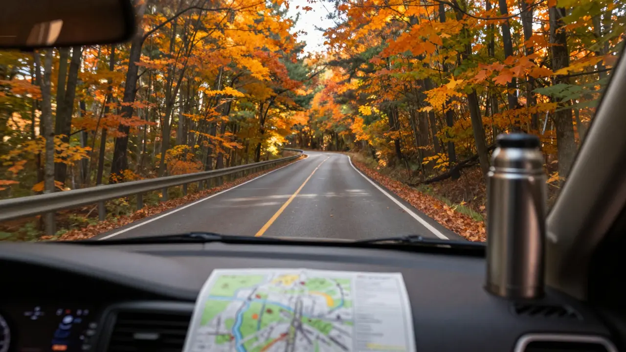 View from car dashboard showing winding road through autumn forest