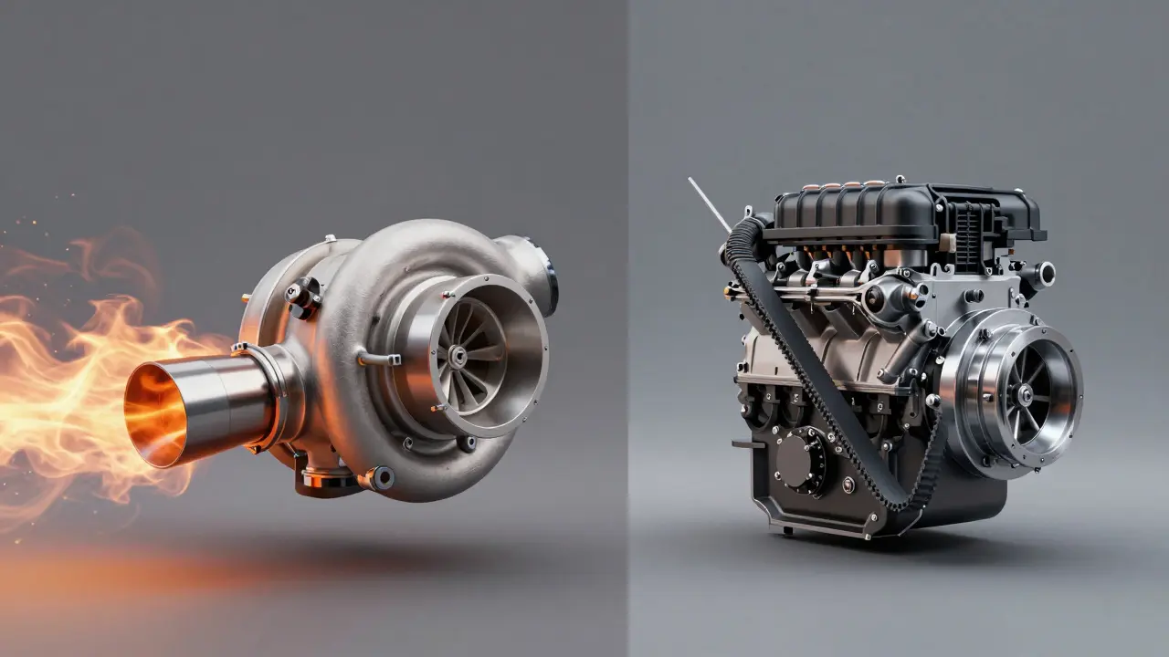 Visual comparison of a turbocharger driven by exhaust versus a belt-driven supercharger.