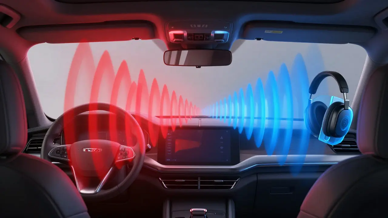 Visualizing exhaust drone sound waves bouncing inside a car cabin