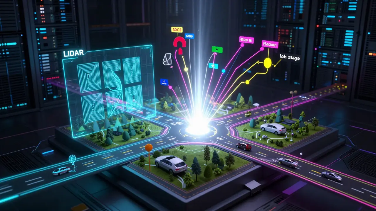 Abstract visualization of LIDAR, Radar, and Camera data merging via sensor fusion