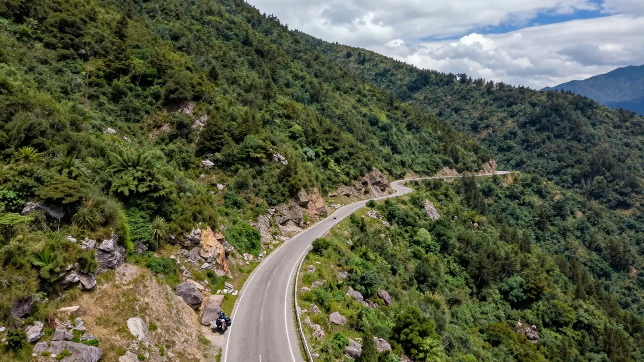 Aerial view of motorcycle on winding mountain road