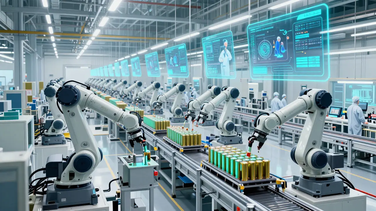 Automated robot arms assembling EV batteries in a high-tech factory