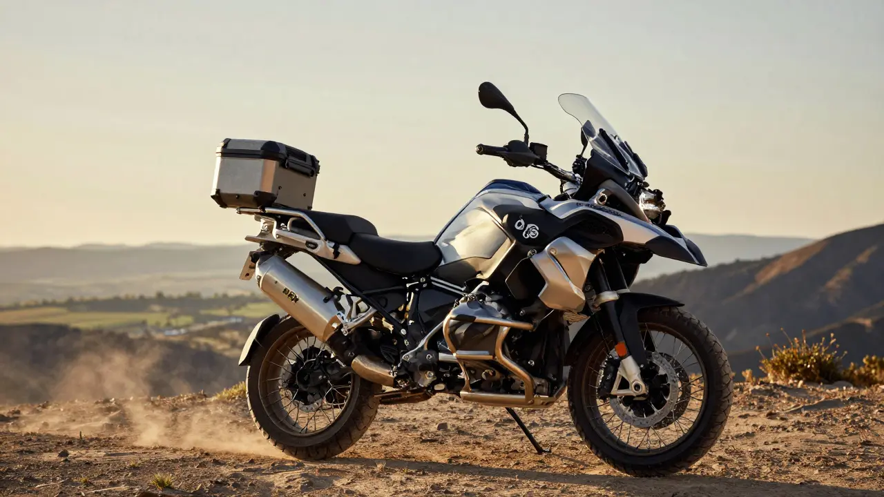 BMW adventure bike on mountain overlook at sunset
