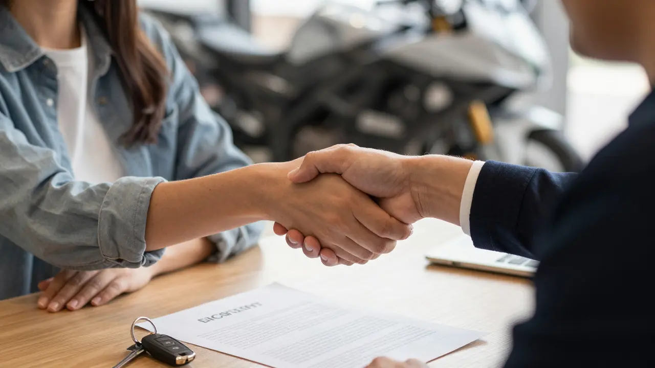 Buyer shaking hands with dealer after negotiating a motorcycle purchase