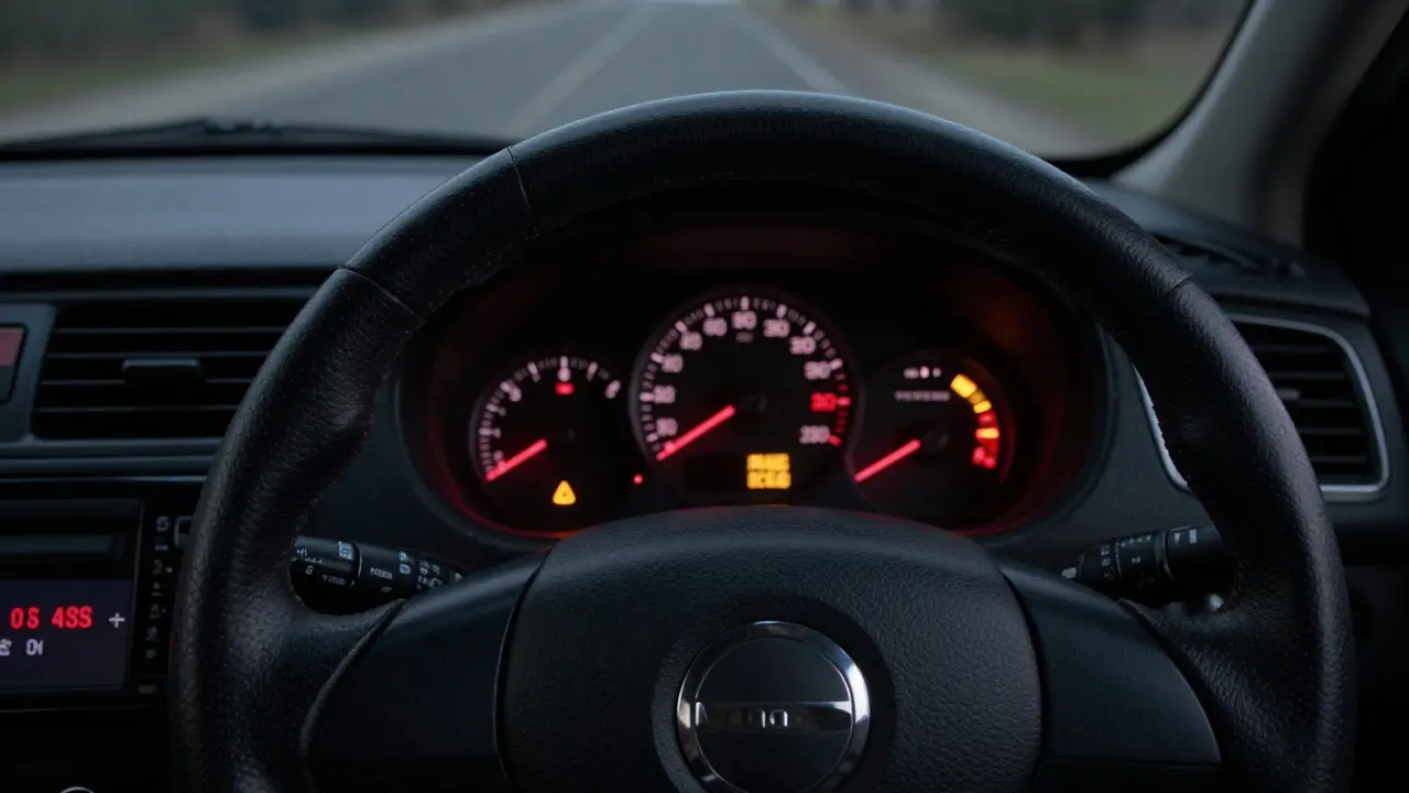 Car dashboard with warning lights and worn steering wheel