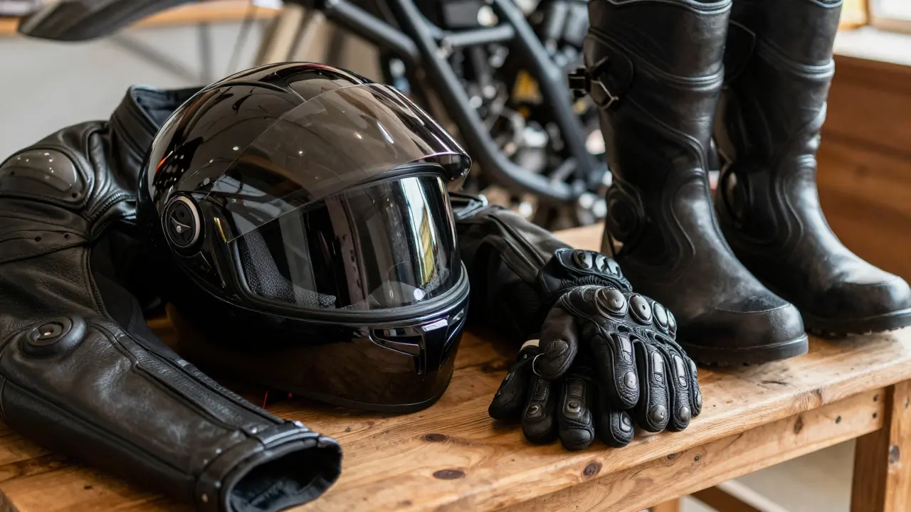Close-up of essential motorcycle safety gear including helmet, leather jacket, gloves, and boots.