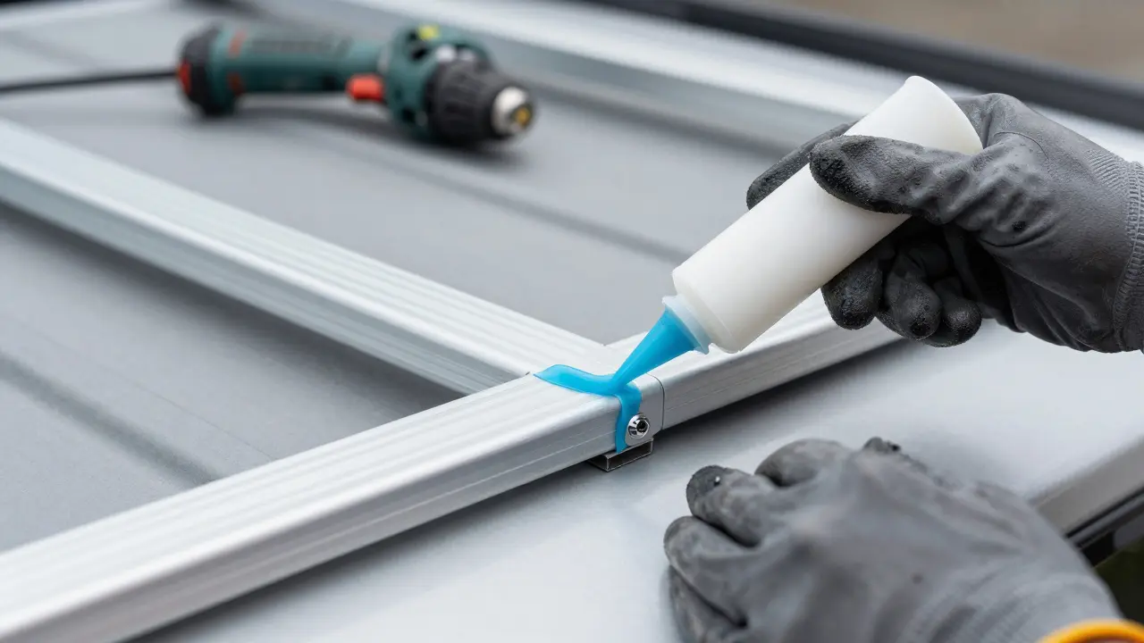 Close-up of hands sealing solar panel rails on a van roof