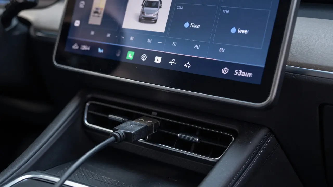 Close-up of malfunctioning car infotainment screen and USB port